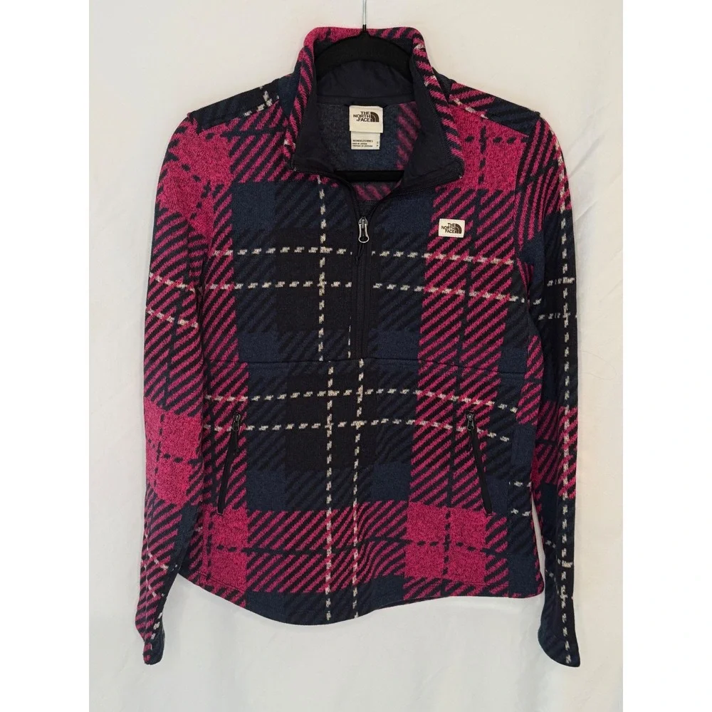 The North Face Crescent 1/4 Zip Fleece Pullover Plaid Pink Navy Women's S